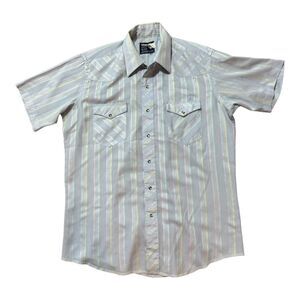 Vtg Wrangler Pearl Snap Men's Blue Pastel Stripe Cowboy Cut X-Long‎ Tails 16.5